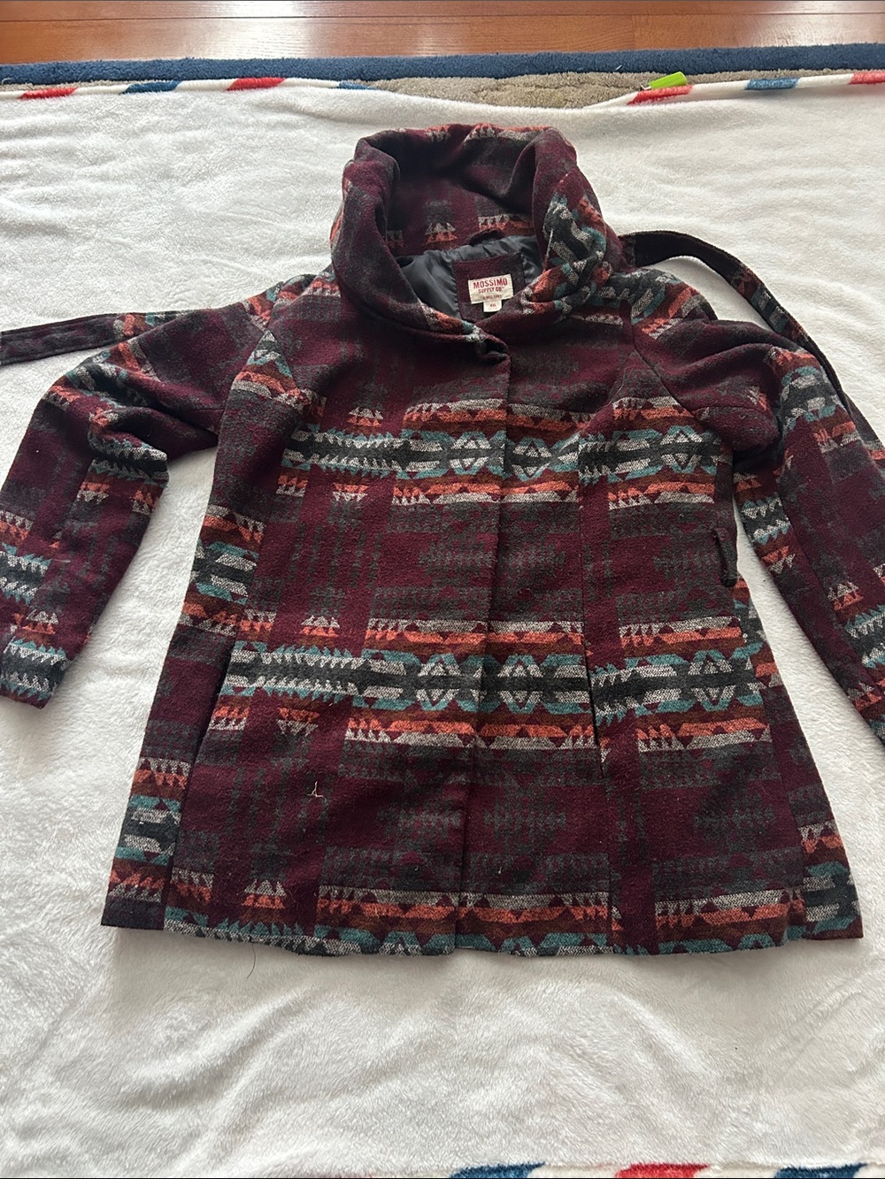 Mossimo Supply Co. Burgundy Aztec-Print Hooded Pea Coat